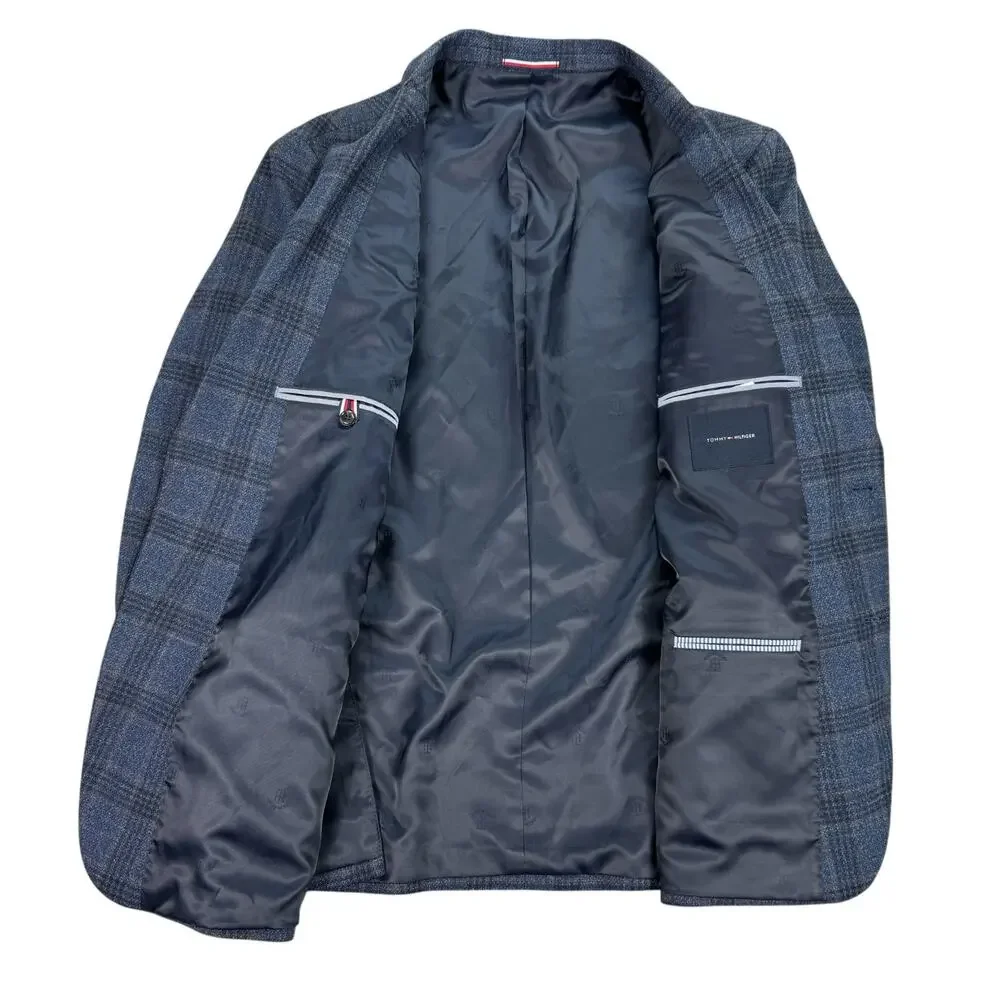 Tommy Hilfiger Mens TH Flex Modern Fit Conrad Plaid Sport Coat Navy Brown 46R